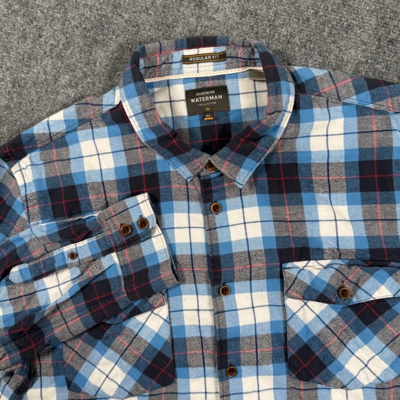 Quiksilver Waterman Collection Shirt XL Blue Plaid Button Down Flannel Men's - Picture 1 of 12